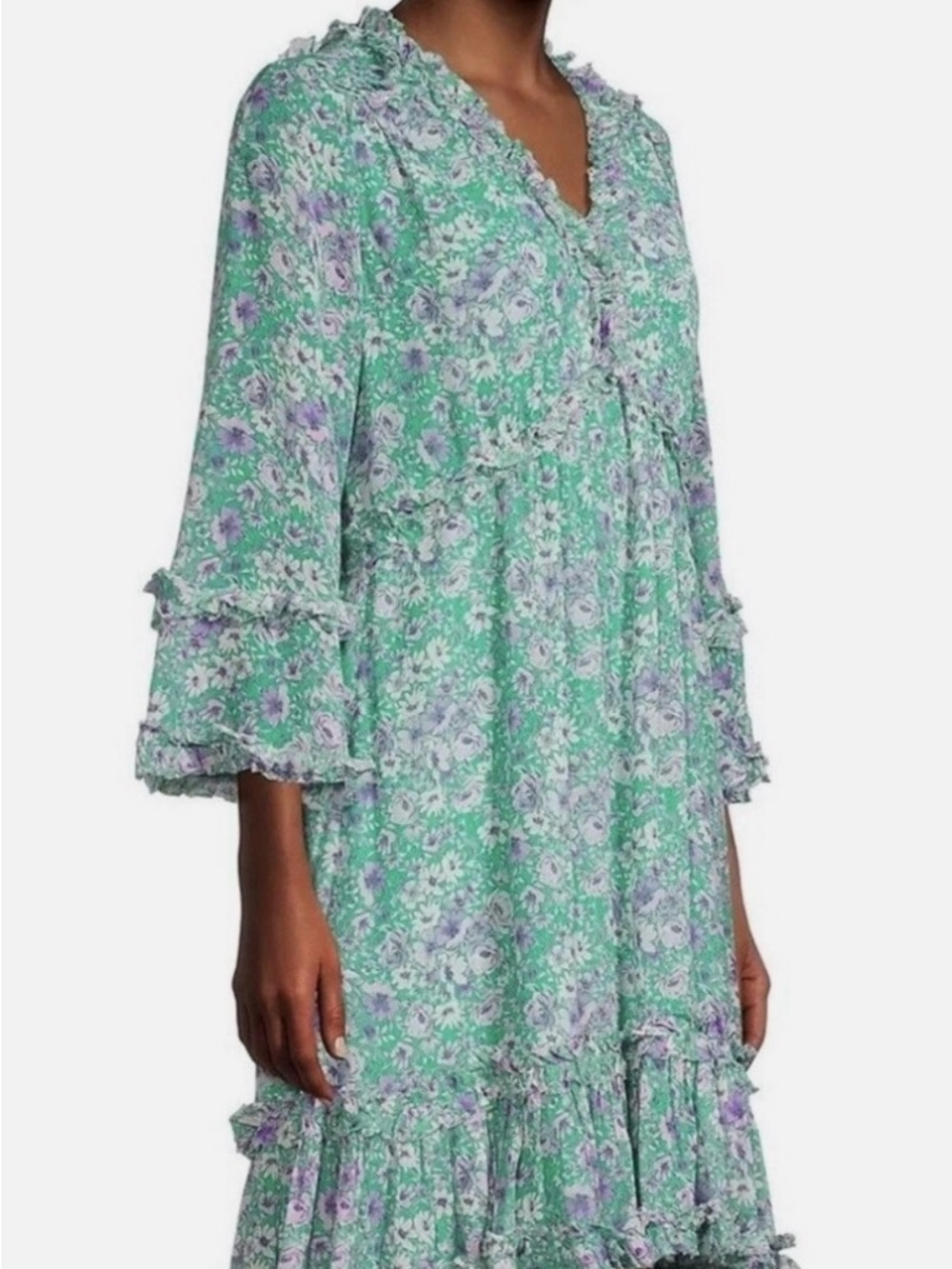 Kobi Halperin Mint and Lavender Floral Ruffle Midi Dress
